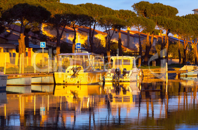 Boats in a marina at sunset