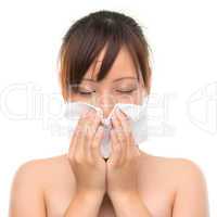 Flu or cold - sneezing woman sick blowing nose.