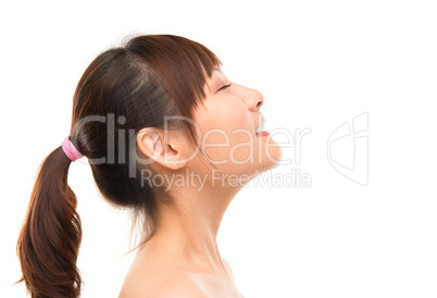 Asian skincare woman side view deep breath refreshing