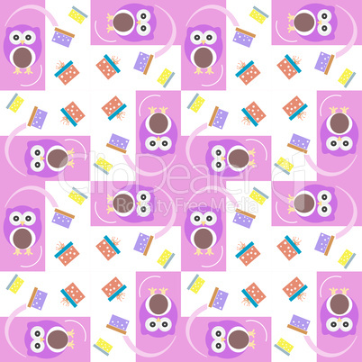 cute owl card. Baby girl arrival announcement card. Seamless pink background pattern