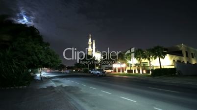 Time Lapse. Night View Of The Mosque With Moon.