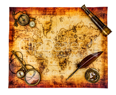 Vintage still life. Ancient world map isolated on white.