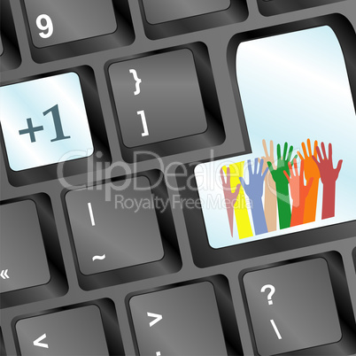 Keyboard with set of hands on enter button, social concept