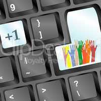 Keyboard with set of hands on enter button, social concept