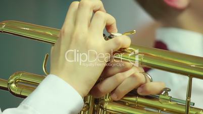 Hands play wind instrument