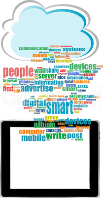 concept communicator with social network word cloud with tablet pc