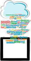 concept communicator with social network word cloud with tablet pc