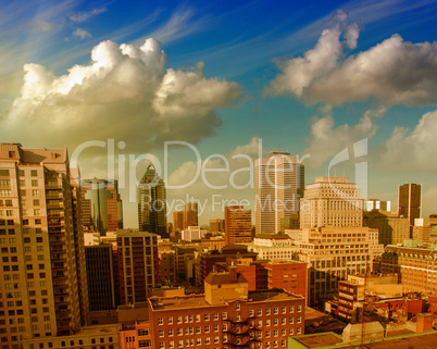 Dramatic sky above Montreal Buildings, Canada - Aerial view