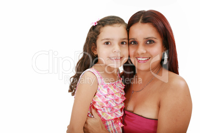 Young latin mother hugging her daughter isolated on a white back