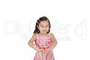 portrait of a beautiful little girl with thumb down isolated on