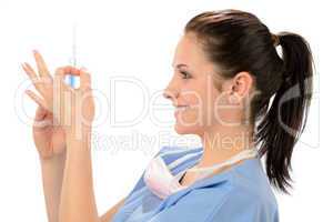 Woman nurse with syringe in blue uniform