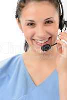Smiling female customer support phone operator