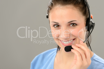 Friendly support phone operator wearing headset