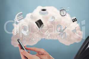 Businesswoman connecting phone to cloud computing for applicatio