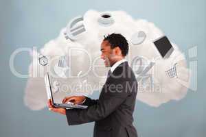 Happy businessman connecting to cloud computing