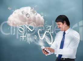 Happy businessman connecting to cloud computing