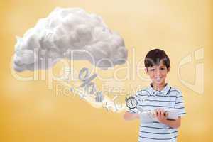 Cute boy using tablet to connect to cloud computing