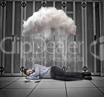 Data worker napping under cloud in data centre