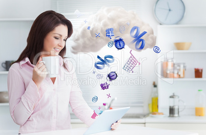 Woman using applications from tablet and connecting to cloud com