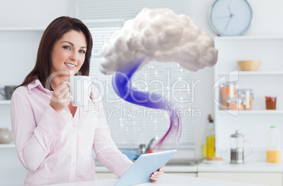 Woman connecting to cloud computing with tablet