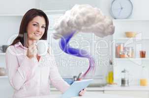 Woman connecting to cloud computing with tablet