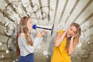 Girl shouting at another through a megaphone