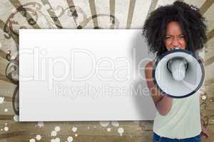 Girl with afro shouting through megaphone with white copy space