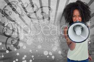 Girl with afro shouting through megaphone with space for text