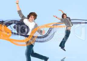 Two of the same young man jumping for joy