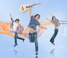 Three of the same young man jumping for joy one holding a guitar