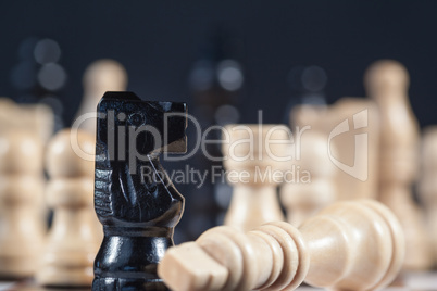 Fallen white chess piece lying next to black knight
