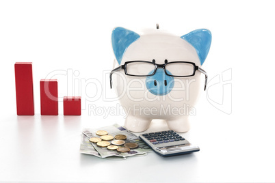 Piggy bank wearing glasses with calculator and cash and red grap