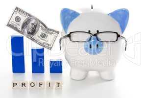 Piggy bank wearing glasses with profit message