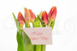 Bouquet of pink and yellow tulips with mothers day message on ca