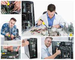 Collage of computer technician at work