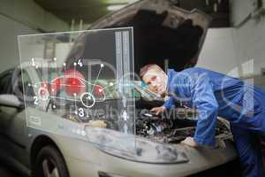 Mechanic with open hood consulting interface
