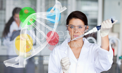 Serious chemist working with human dna helix interface