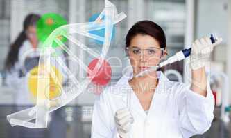 Serious chemist working with human dna helix interface
