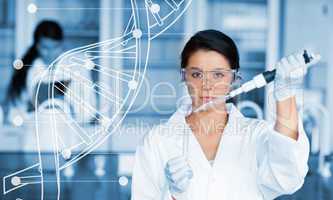 Serious chemist working with white dna helix diagram inteface