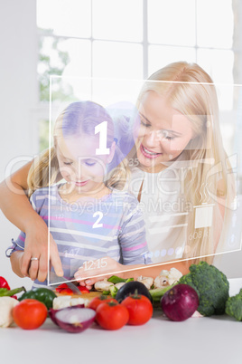 Mother and daughter chopping vegetables with holographic interfa