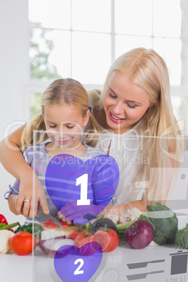 Mother and daughter chopping vegetables with purple holographic
