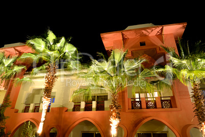 The building of luxury hotel in night illumination, Hurghada, Eg