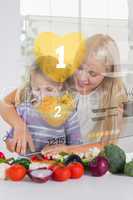 Mother and daughter chopping vegetables with yellow holographic