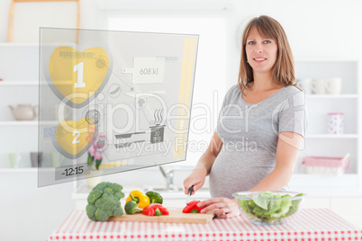 Pregnant woman making dinner using hologram interface
