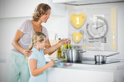 Mother and daughter making dinner using futuristic interface
