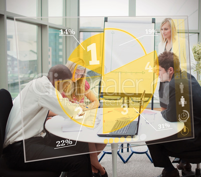 Business people using yellow pie chart interface