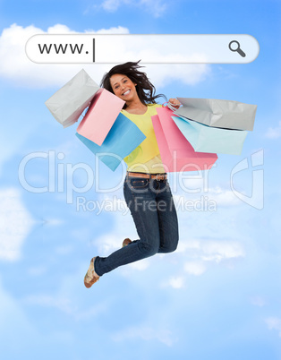 Happy girl jumping with her shopping bags under address bar