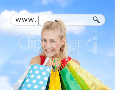 Happy blonde with her shopping bags under address bar