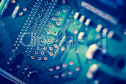 Close up of blue Printed Circuit Board