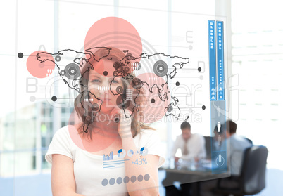 Smiling businesswoman looking at red map interface